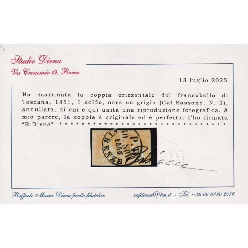 TOSCANA 1851 COPPIA 1 SOLDO OCRA SU GRIGIO N.2 US. CERT. MARGINATA ...