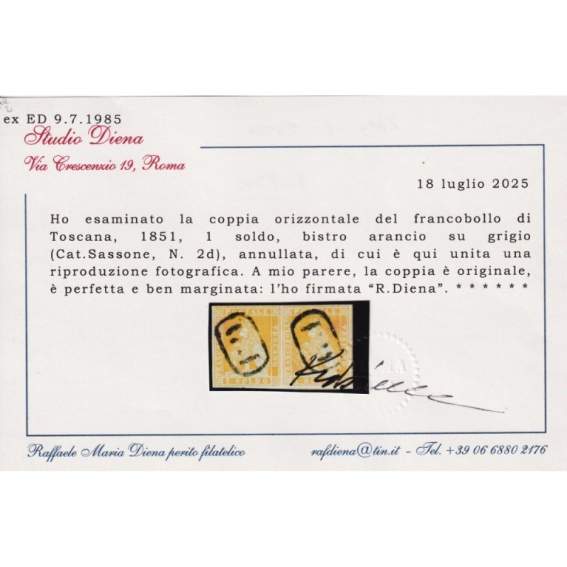 TOSCANA 1851 COPPIA 1 SOLDO BISTRO ARANCIO N.2d US. CERT. MARGINATA...