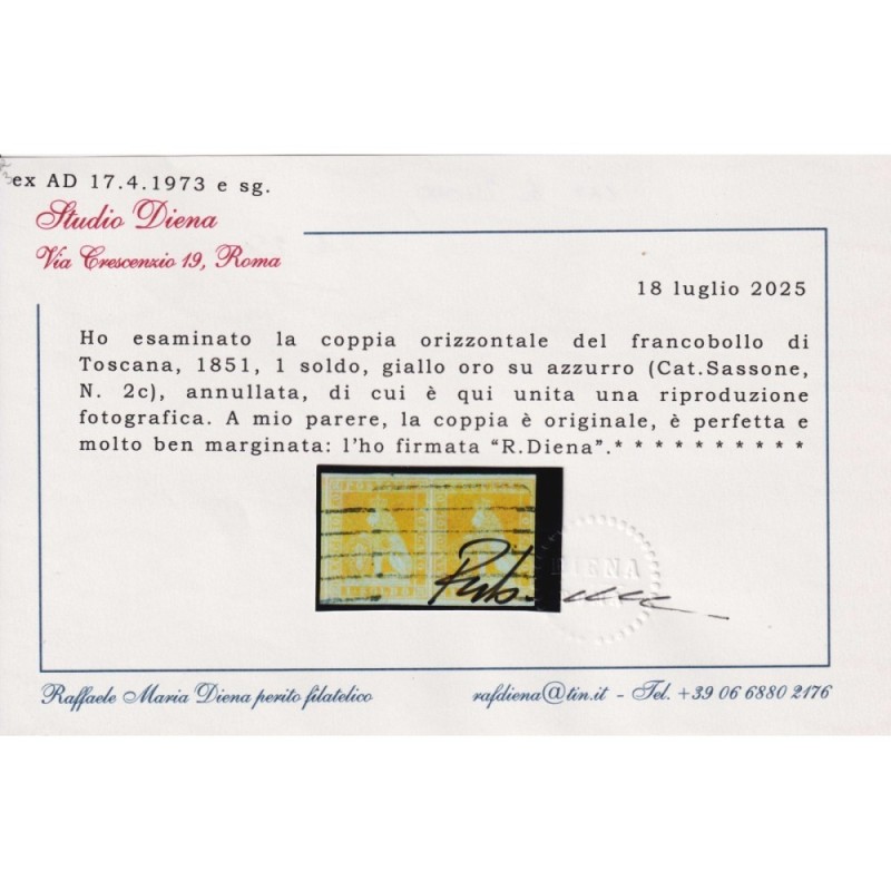 TOSCANA 1851 COPPIA 1 SOLDO GIALLO ORO SU AZZURRO N.2c US. CERT. MA...