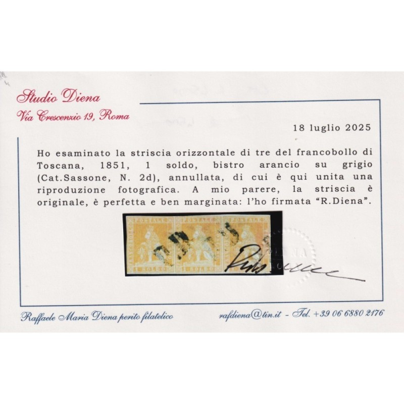 TOSCANA 1851 STRISCIA 1 SOLDO BISTRO ARANCIO 3 V. N.2d US. CERT. MA...