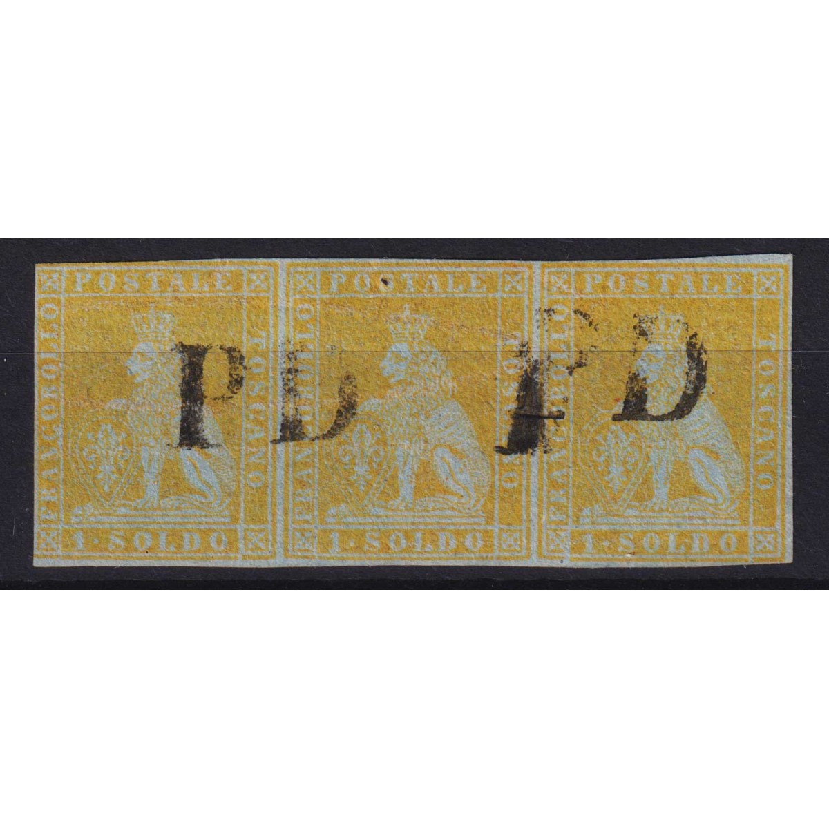 TOSCANA 1851 STRISCIA 1 SOLDO GIALLO LIMONE 3 V. N.2d US. CERT.  | ... TOSCANA 1851 STRISCIA 1 SOLDO GIALLO LIMONE 3 V. N.2d US. CERT.  | ...
