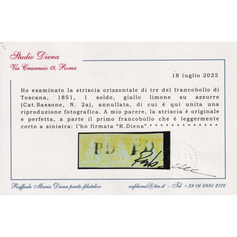 TOSCANA 1851 STRISCIA 1 SOLDO GIALLO LIMONE 3 V. N.2d US. CERT.  | ...