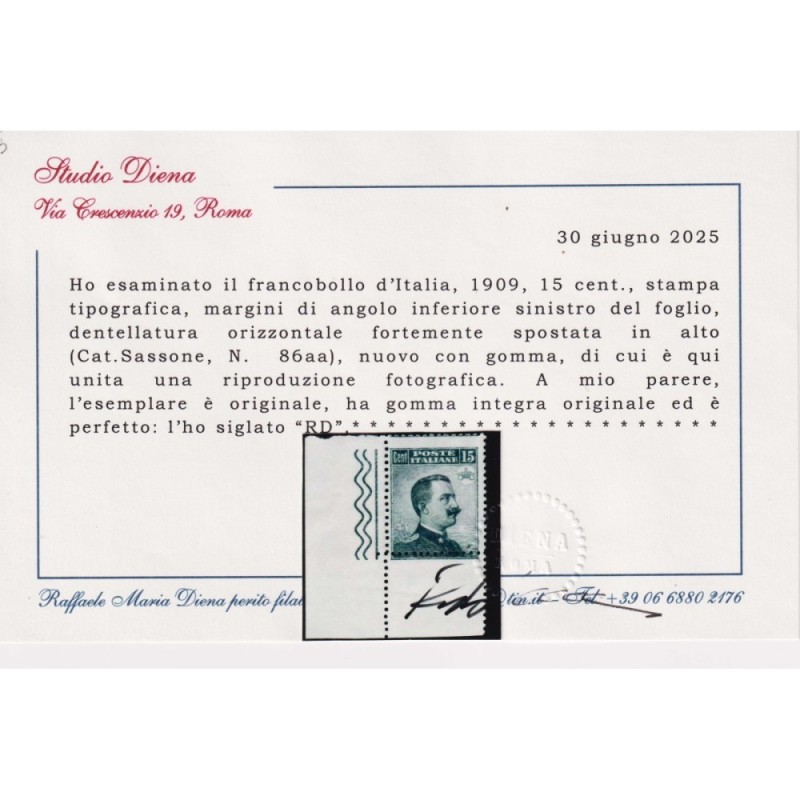 REGNO D'ITALIA 1909 MICHETTI 15 CENTESIMI VARIETA' N.86aa G.I MNH**...