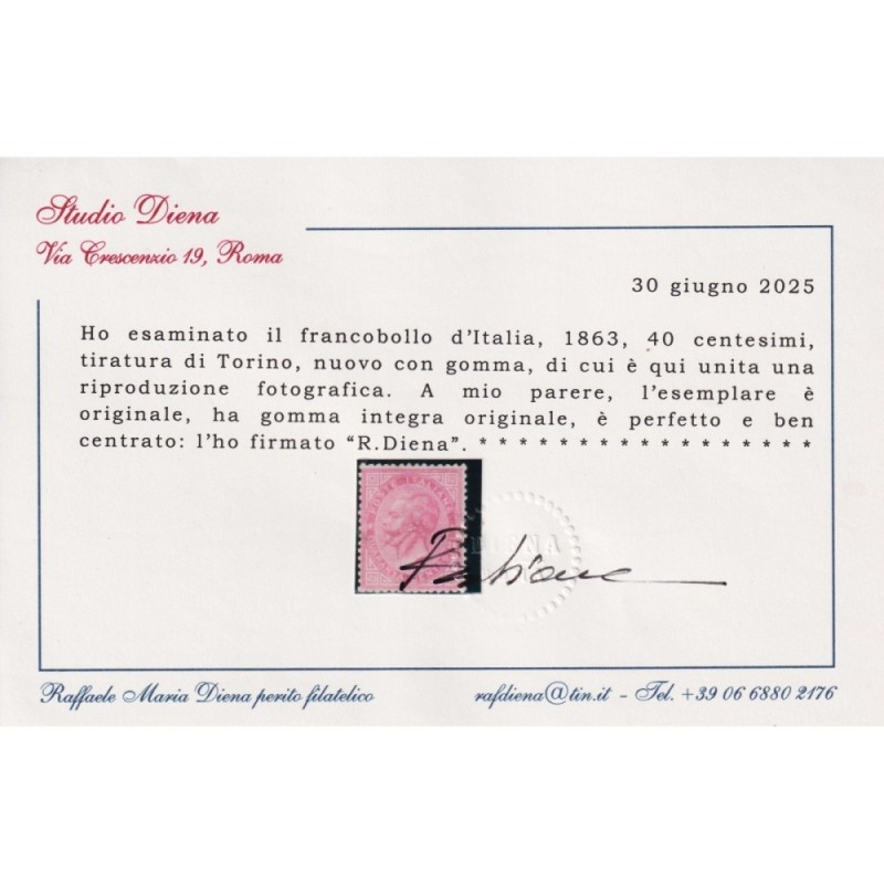 REGNO D'ITALIA 1863-65 40 CENTESIMI TORINO N.T20 G.I MNH** CERT.  |...