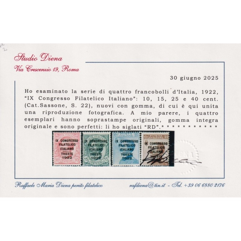 REGNO D'ITALIA 1922 IX CONGRESSO FILATELICO 4 V. G.I MNH** CERT.  |... REGNO D'ITALIA 1922 IX CONGRESSO FILATELICO 4 V. G.I MNH** CERT.  |...