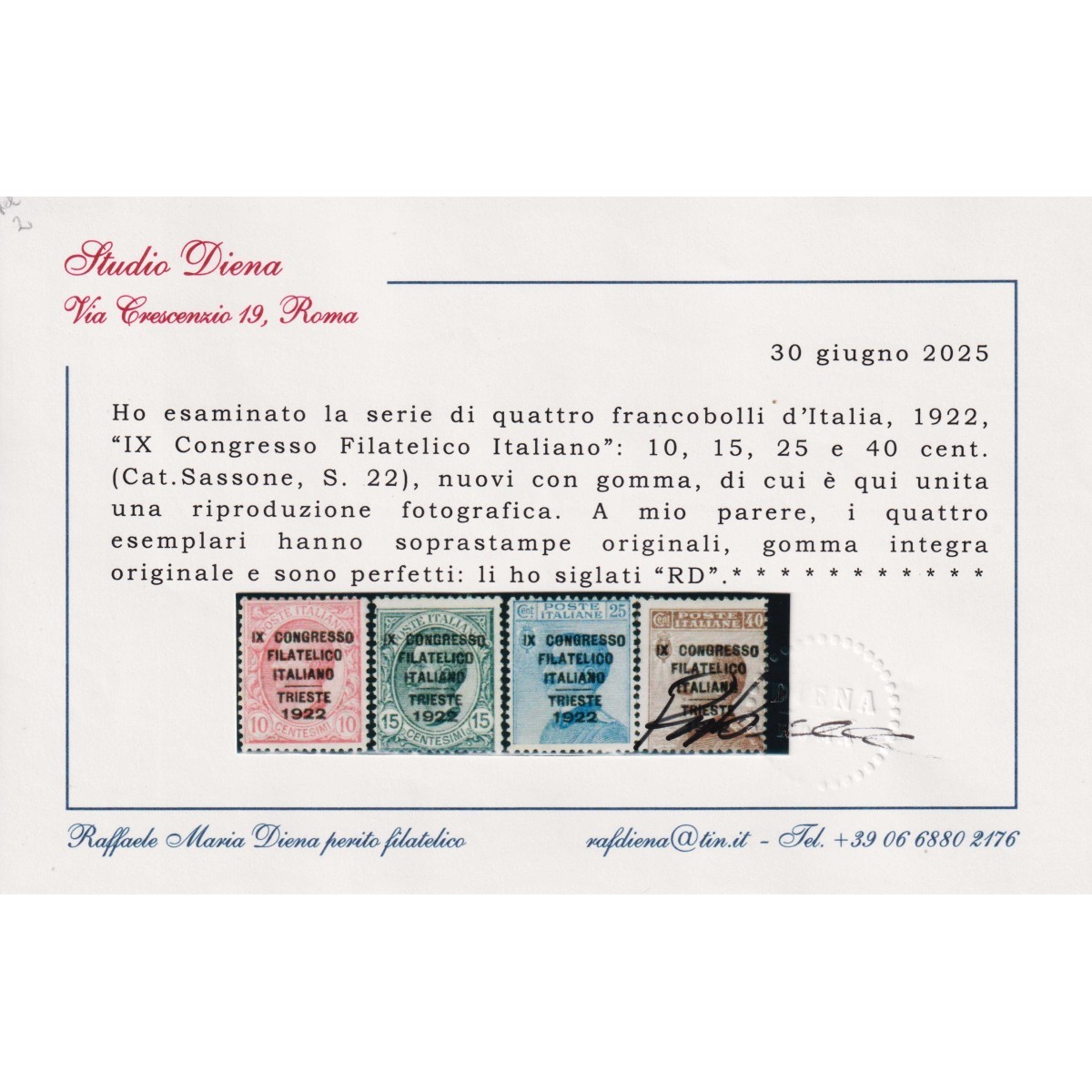 REGNO D'ITALIA 1922 IX CONGRESSO FILATELICO 4 V. G.I MNH** CERT.  |... REGNO D'ITALIA 1922 IX CONGRESSO FILATELICO 4 V. G.I MNH** CERT.  |...