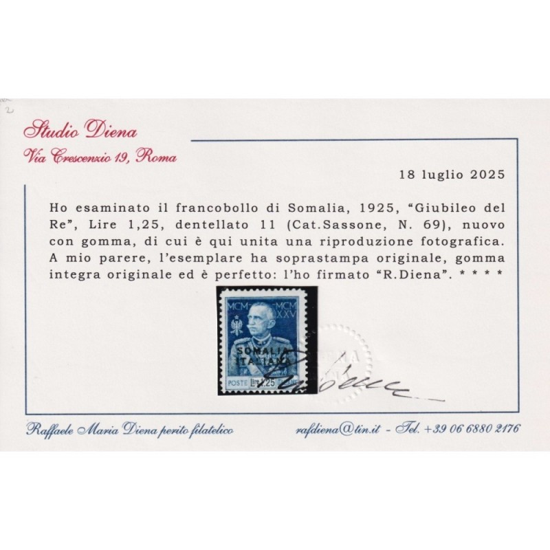 COLONIE SOMALIA 1925-26 GIUBILEO DEL RE 1,25 LIRE DENT.11 G.I MNH**...