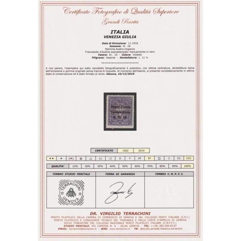 OCCUPAZIONI VENEZIA GIULIA 1918 10 K. VIOLETTO SCURO N.18 G.I MNH**...