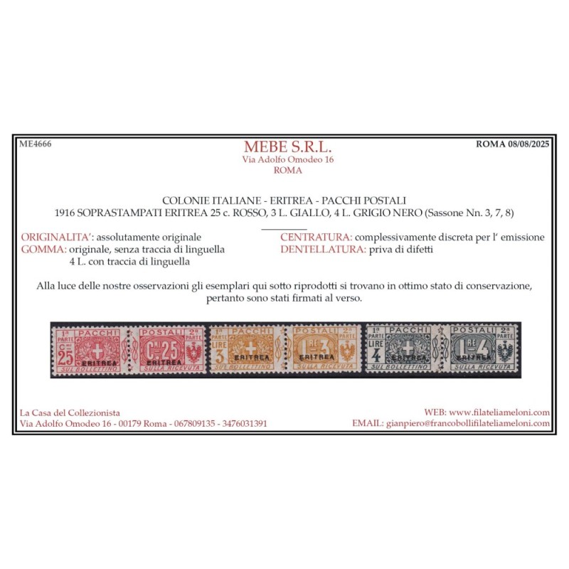 COLONIE ERITRA 1916 PACCHI POSTALI 7 VALORI G.I MNH** / G.O MH* CER...