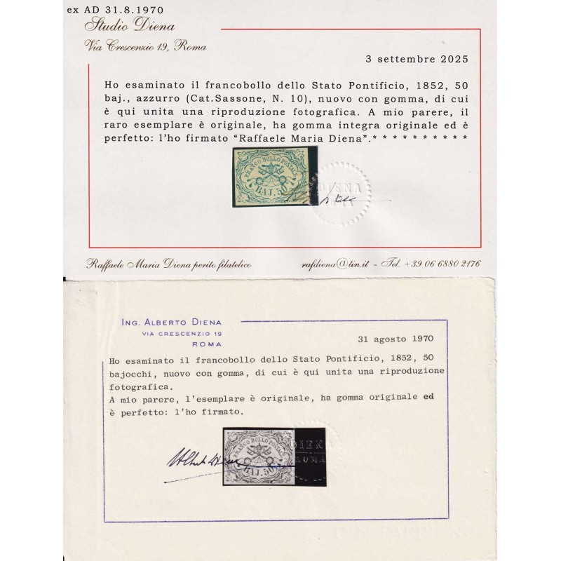 STATO PONTIFICIO 1852 50 BAJOCCHI AZZURRO N.10 G.O MLH* 2 CERTIFICA...