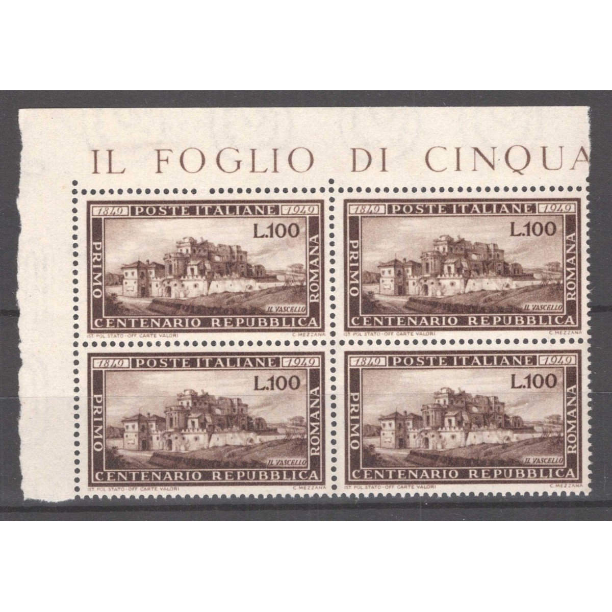 REPUBBLICA 1949 QUARTINA ROMANA G.I MNH** ANGOLO FOGLIO CERT.  | Fi... REPUBBLICA 1949 QUARTINA ROMANA G.I MNH** ANGOLO FOGLIO CERT.  | Fi...