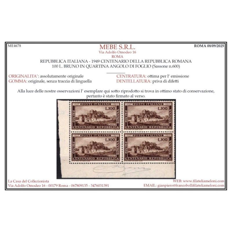 REPUBBLICA 1949 QUARTINA ROMANA G.I MNH** ANGOLO FOGLIO CERT.  | Fi... REPUBBLICA 1949 QUARTINA ROMANA G.I MNH** ANGOLO FOGLIO CERT.  | Fi...