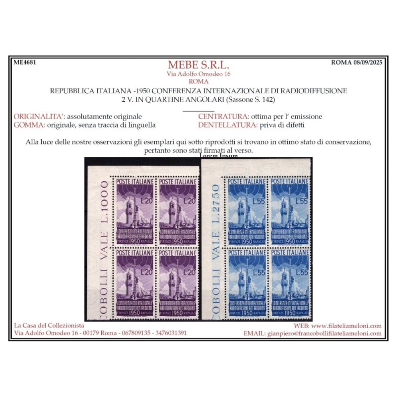REPUBBLICA 1950 QUARTINA RADIODIFFUSIONE G.I MNH** ANGOLO FOGLIO CE...