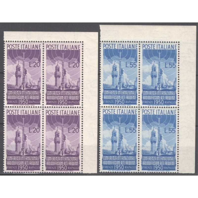 REPUBBLICA 1950 QUARTINA RADIODIFFUSIONE G.I MNH** ANGOLO FOGLIO CE...