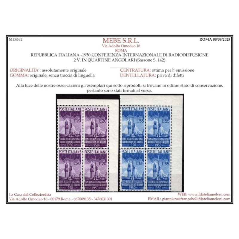 REPUBBLICA 1950 QUARTINA RADIODIFFUSIONE G.I MNH** ANGOLO FOGLIO CE...
