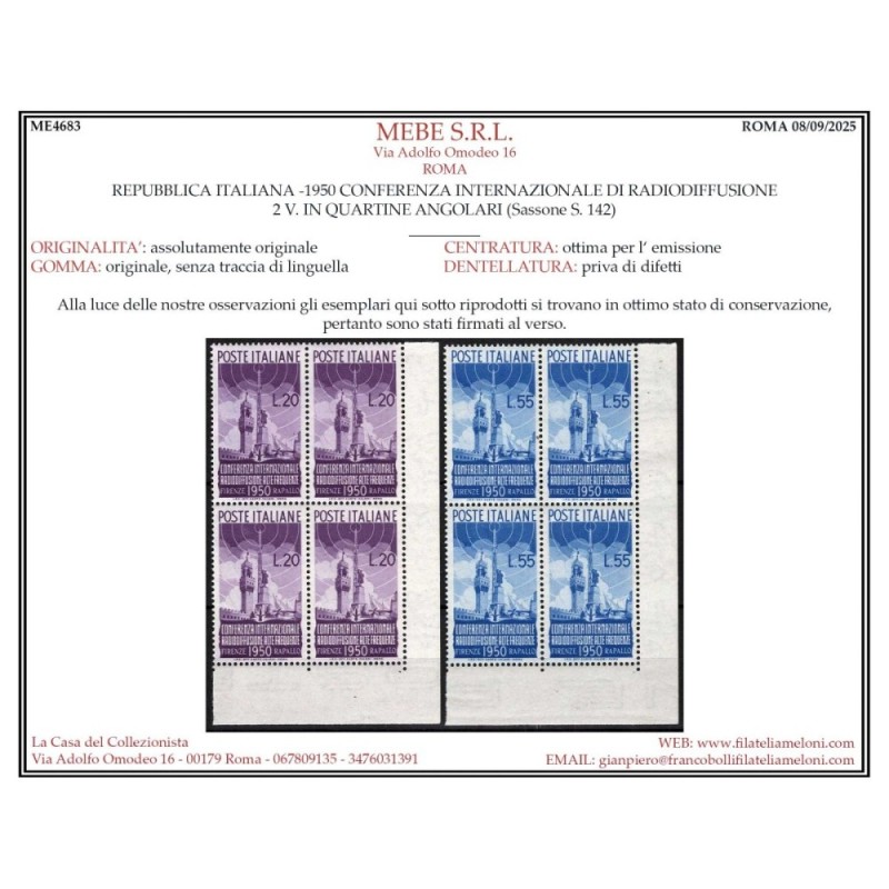 REPUBBLICA 1950 QUARTINA RADIODIFFUSIONE G.I MNH** ANGOLO FOGLIO CE...