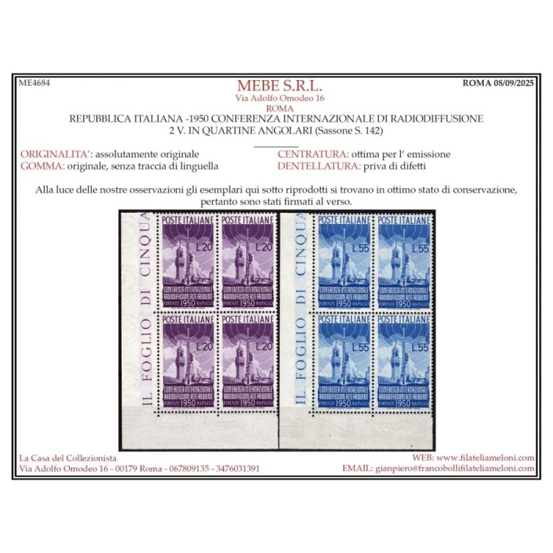 REPUBBLICA 1950 QUARTINA RADIODIFFUSIONE G.I MNH** ANGOLO FOGLIO CE...