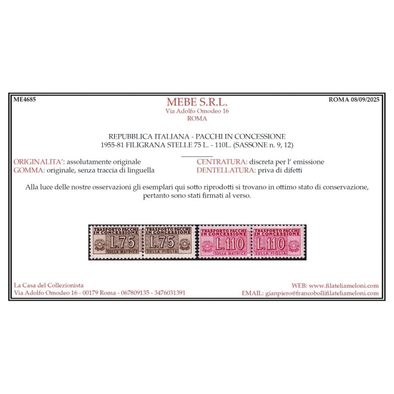 REPUBBLICA 1955-81 PACCHI IN CONCESSIONE STELLE 2 V. G.I MNH** CERT... REPUBBLICA 1955-81 PACCHI IN CONCESSIONE STELLE 2 V. G.I MNH** CERT...