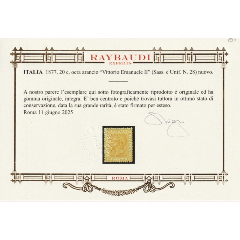 REGNO D'ITALIA 1877 20 CENTESIMI N.28 G.I MNH** CERT.  | Filatelia ...