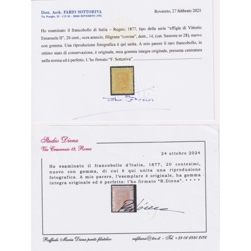 REGNO D'ITALIA 1877 20 CENTESIMI N.28 G.I MNH** CERT.  | Filatelia ...