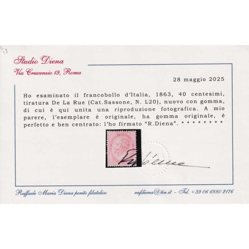 REGNO D'ITALIA 1863-65 40 CENT. DE LA RUE LONDRA N.L20 G.I MNH** CE...