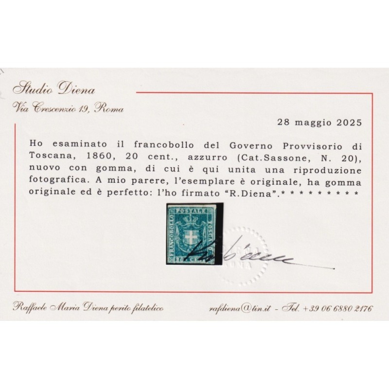 TOSCANA 1860 GOVERNO PROVVISORIO 20 CENTESIMI N.20 G.O MH* CERT.  |...