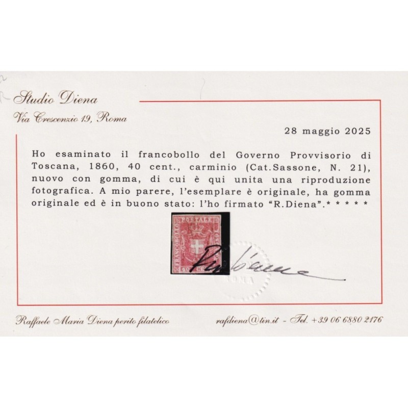 TOSCANA 1860 GOVERNO PROVVISORIO 40 CENTESIMI N.21 G.O MH* CERT.  |...
