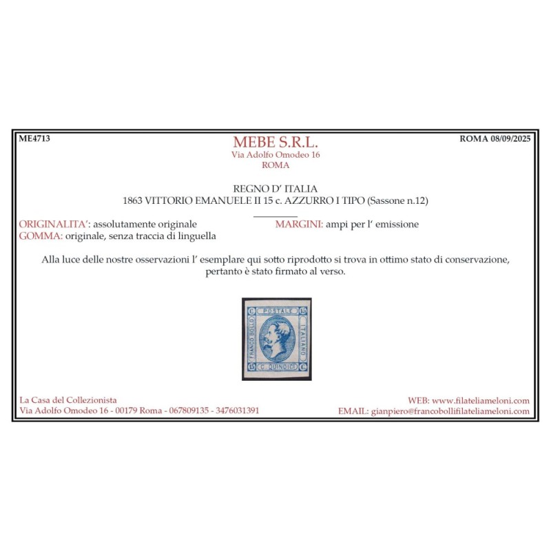 REGNO D'ITALIA 1863 15 CENTESIMI I TIPO MATRAIRE N.12 G.I MNH** CER...