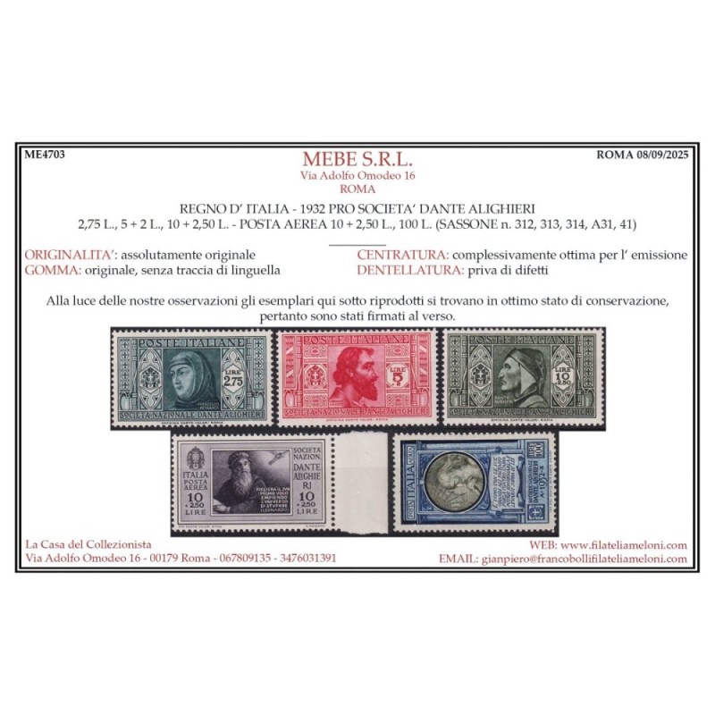 REGNO D'ITALIA 1932 DANTE ALIGHIERI ORDINARIA 20 V. COMPRESA P/A G....