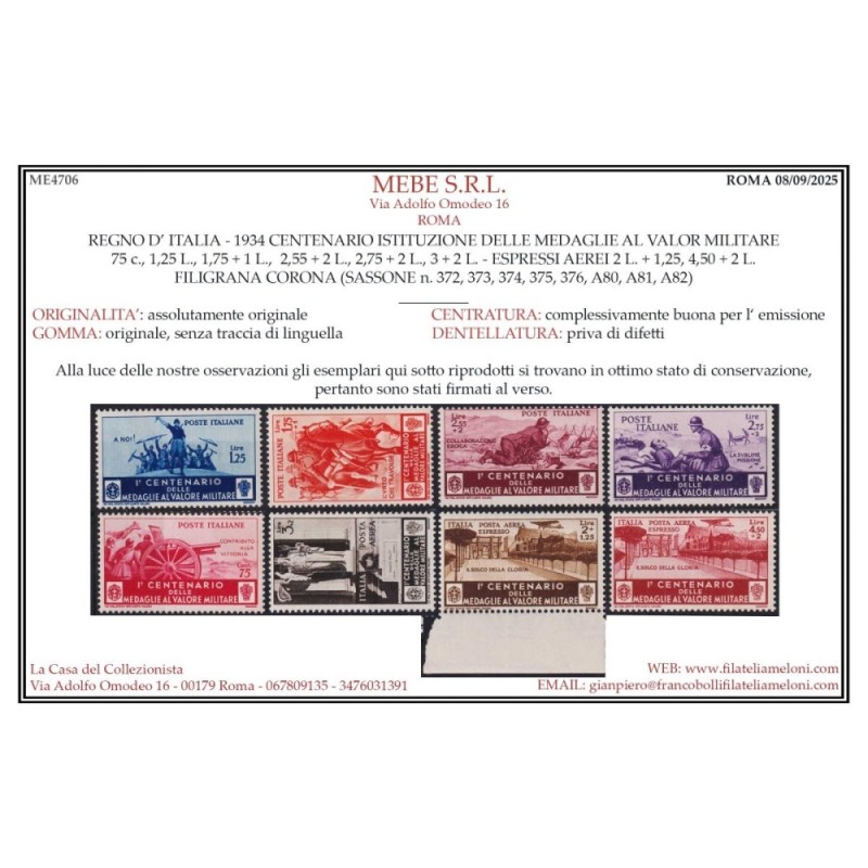 REGNO D'ITALIA 1934 MEDAGLIE AL VALOR MILITARE 20 VALORI G.I MNH** ...