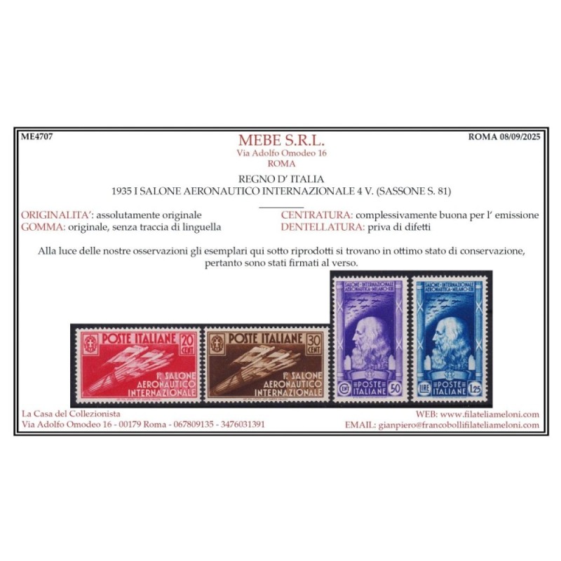 REGNO D'ITALIA 1935 SALONE AEREONAUTICO 4 VALORI G.I MNH** CERT.  |...