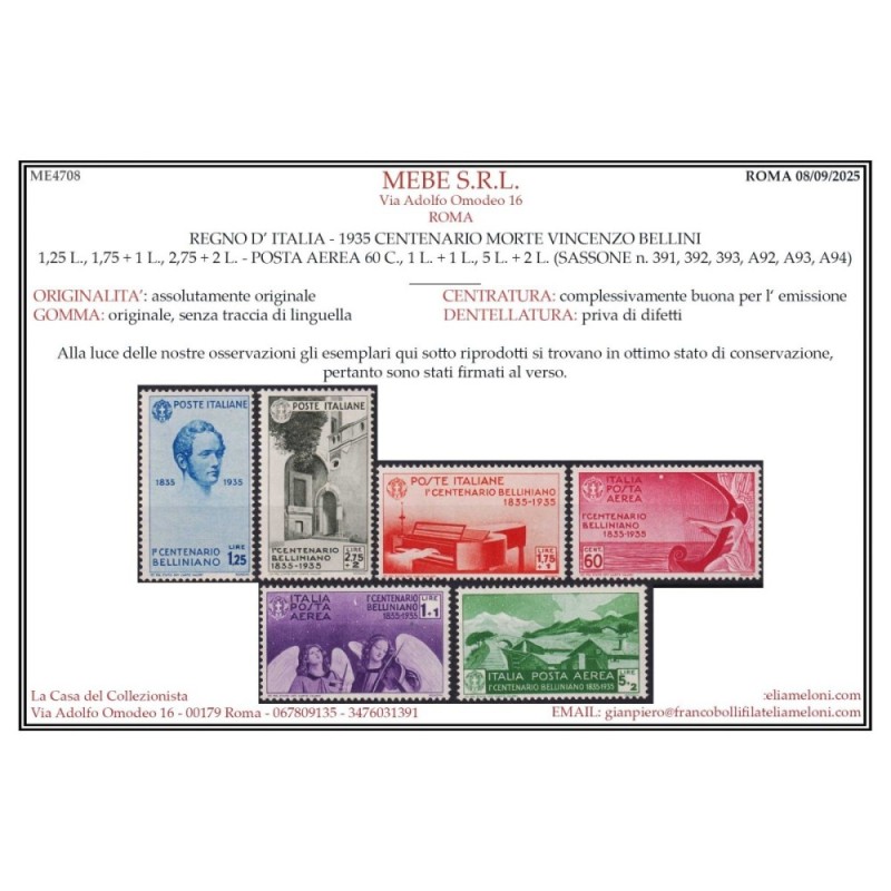 REGNO D'ITALIA 1935 CENTENARIO BELLINI 11 VALORI G.I MNH** CERT.  |...