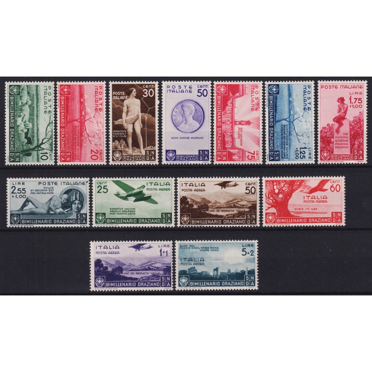 REGNO D'ITALIA 1936 BIMILLENARIO ORAZIO 13 VALORI G.I MNH** CERT.  ... REGNO D'ITALIA 1936 BIMILLENARIO ORAZIO 13 VALORI G.I MNH** CERT.  ...