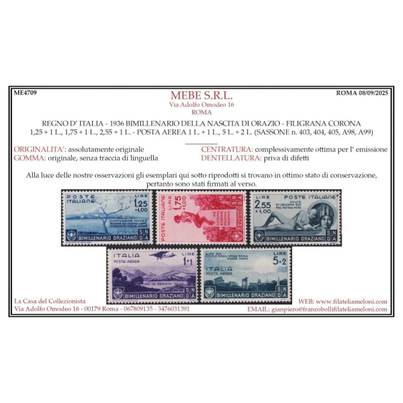 REGNO D'ITALIA 1936 BIMILLENARIO ORAZIO 13 VALORI G.I MNH** CERT.  ...