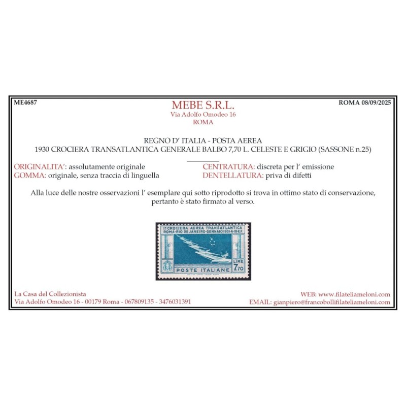 REGNO D'ITALIA 1933 P/A CROCIERA BALBO 7,70 N.25 G.I MNH** CERT.  |...