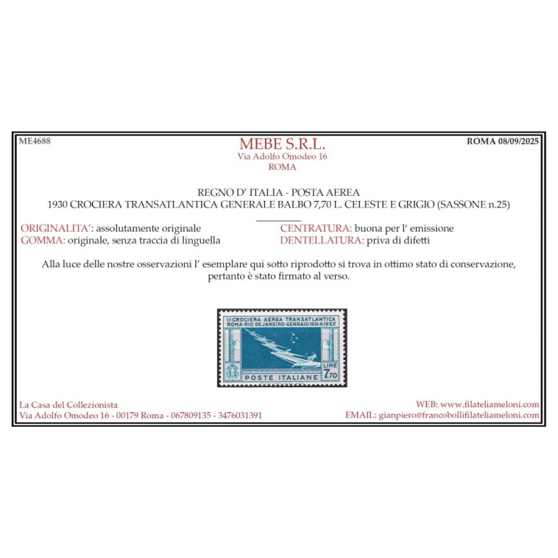 REGNO D'ITALIA 1933 P/A CROCIERA BALBO 7,70 N.25 G.I MNH** CERT.  |...