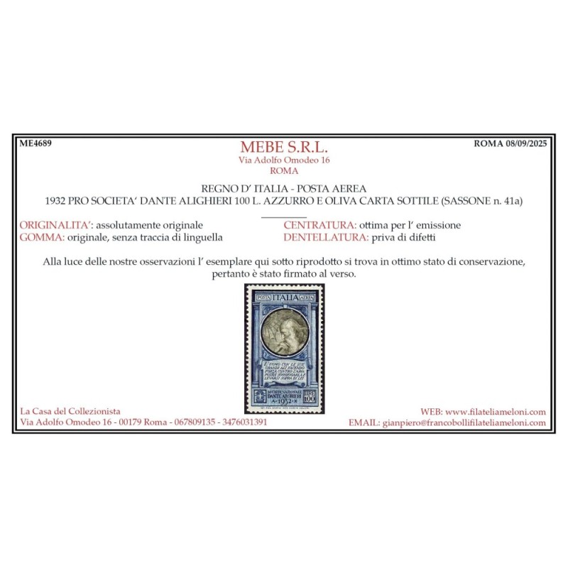 REGNO D'ITALIA 1932 P/A DANTE ALIGHIERI CARTA SOTTILE N.41a G.I MNH...