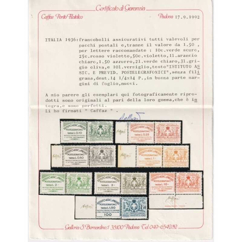 REGNO 1936 ASSICURATIVI VALEVOLI PER PACCHI 7 V. N.10-16 G.I MNH** ...