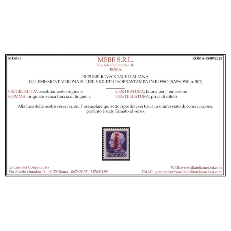 R.S.I. SOCIALE 1944 IMPERIALE 50 LIRE FASCETTO VERONA G.I MNH** CER...