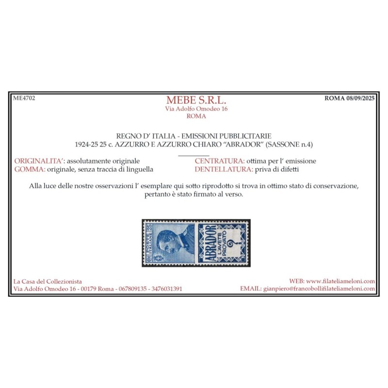 REGNO 1924 PUBBLICITARI 25 CENTESIMI ABRADOR N.4 G.I MNH** CENTRATO...
