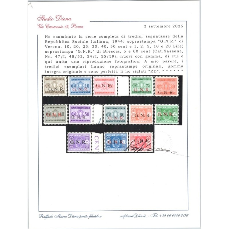 R.S.I SOCIALE 1944 SEGNATASSE G.N.R. BS / VR13 V. G.I MNH** CERT.  ...