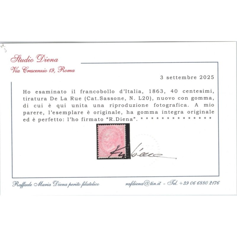 REGNO D'ITALIA 1863-65 40 CENT. DE LA RUE LONDRA N.L20 G.I MNH** CE...