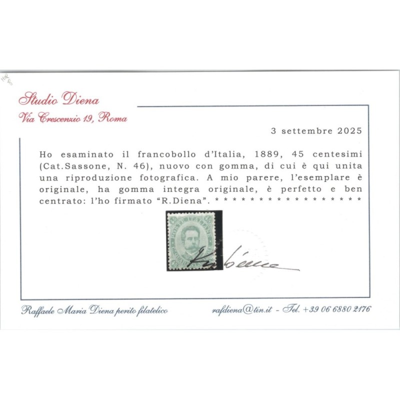 REGNO D'ITALIA 1889 45 CENTESIMI N.46 G.I MNH** CERT. CENTRATO  | F...
