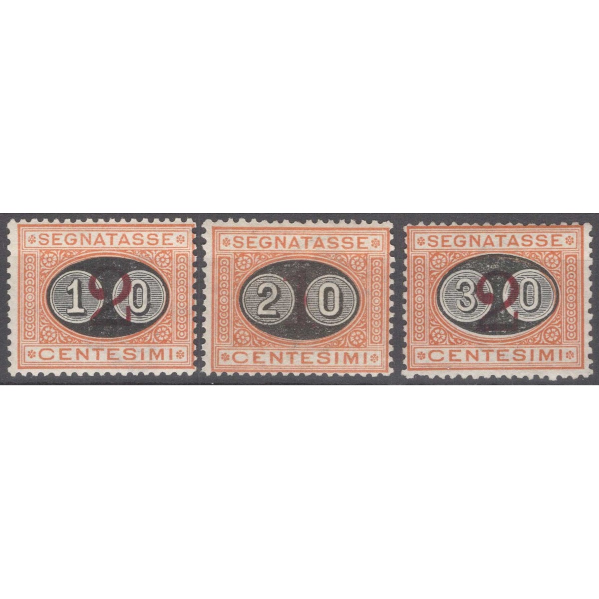 REGNO D'ITALIA 1890-91 SEGNATASSE MASCHERINE 3 V. G.I MNH** CERT.  ... REGNO D'ITALIA 1890-91 SEGNATASSE MASCHERINE 3 V. G.I MNH** CERT.  ...