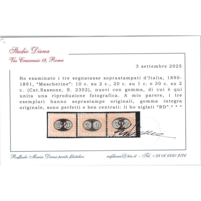 REGNO D'ITALIA 1890-91 SEGNATASSE MASCHERINE 3 V. G.I MNH** CERT.  ...