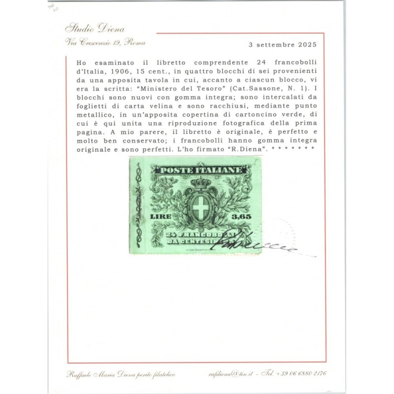 REGNO D'ITALIA 1906 MICHETTI LIBRETTO N.1 G.I MNH** CERT.  | Filate...
