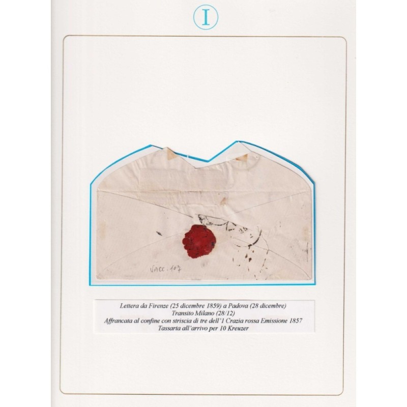 TOSCANA 1857 STRISCIA 1 CRAZIA CARMINIO N.12 3 V. SU BUSTA CERT.  |...