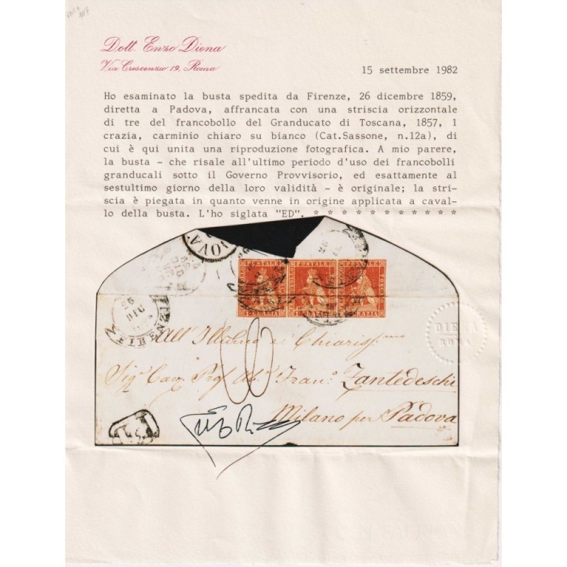 TOSCANA 1857 STRISCIA 1 CRAZIA CARMINIO N.12 3 V. SU BUSTA CERT.  |...