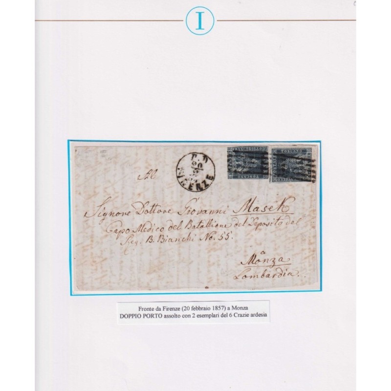 TOSCANA 1851-52 6 CRAZIE ARDESIA 2 V. US. SU FRONTESPIZIO  | Filate...