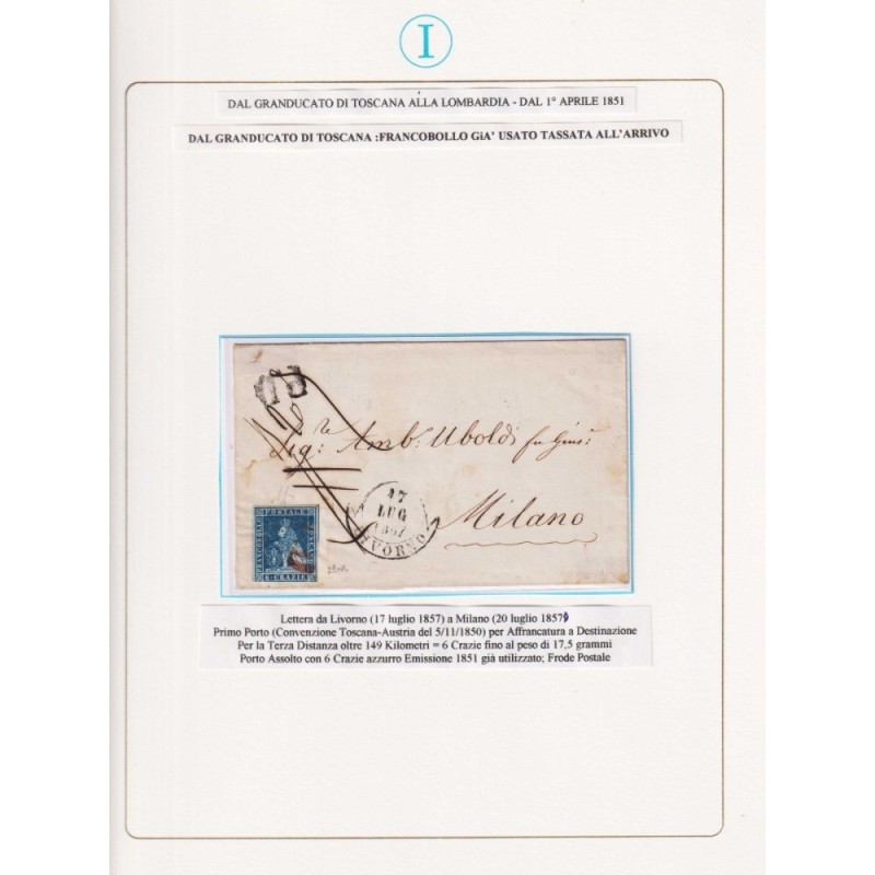 TOSCANA 1851-52 6 CRAZIE AZZURRO US. SU BUSTA FRODE POSTALE  | Fila...